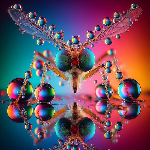 Фото Цветные капли воды с отражением на теле насекомого