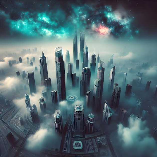 Фото Ии футуристического небоскреба в стиле сюрреалистической туманной темно-синей сцены инопланетных миров
