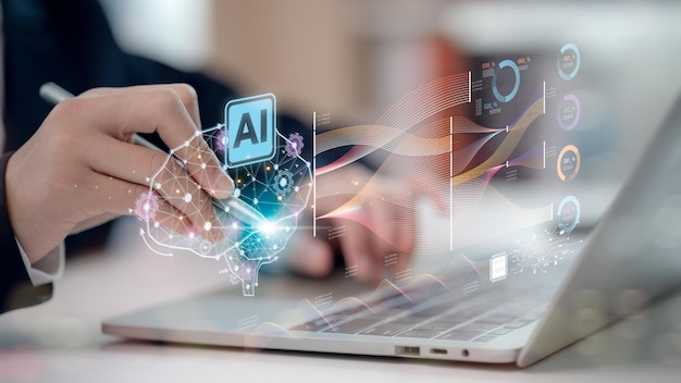 AI of kunstmatige intelligentie concept Ondernemers die computers gebruiken gebruiken AI om bedrijven te helpen en worden gebruikt in het dagelijks leven Digitale transformatie Internet of Things Kunstmatige intelligentie hersenen AI