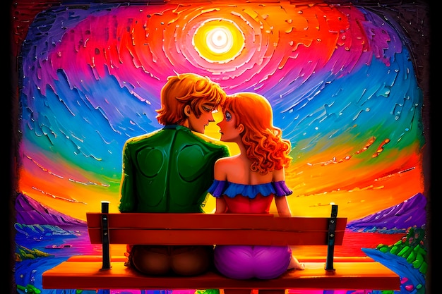 Фото Ии психоделического импасто толстая масляная картина пиксельной мультфильма любовной пары на открытом воздухе