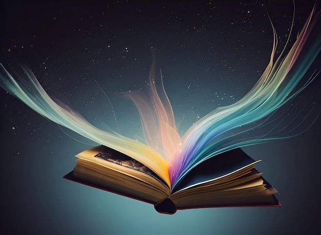 Ai of an open book hovering in mid air magical aura colorful and magical background