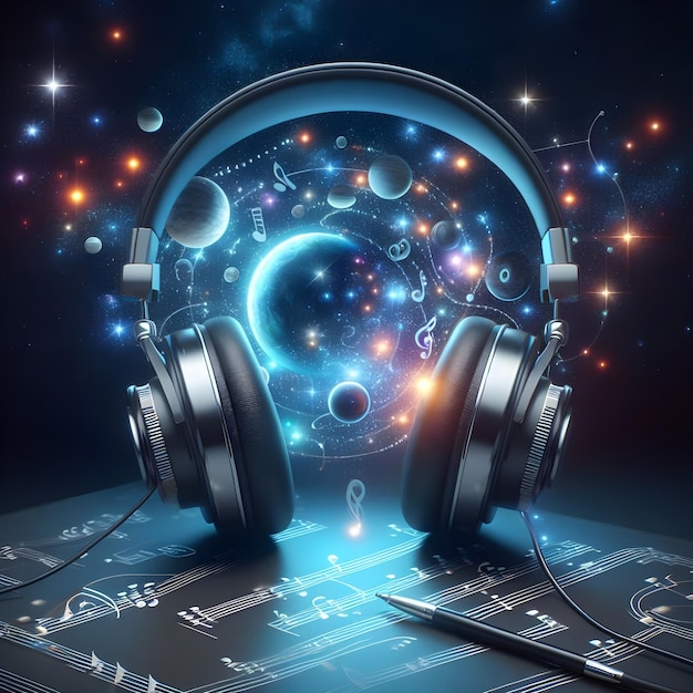 AI of a pair of headphones that play the music of the cosmos in notes