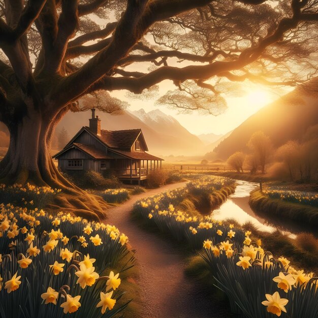 AI of the pathway through the beautiful daffodil farm to an old cottage