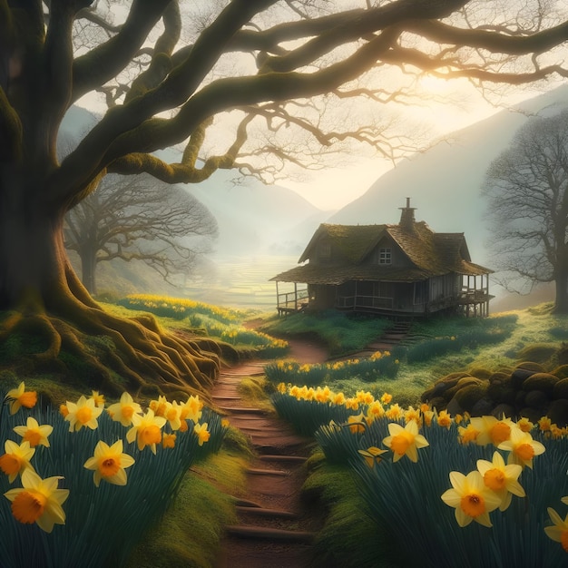 AI of the pathway through the beautiful daffodil farm to an old cottage