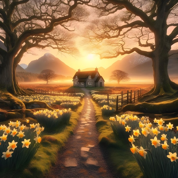 AI of the pathway through the beautiful daffodil farm to an old cottage