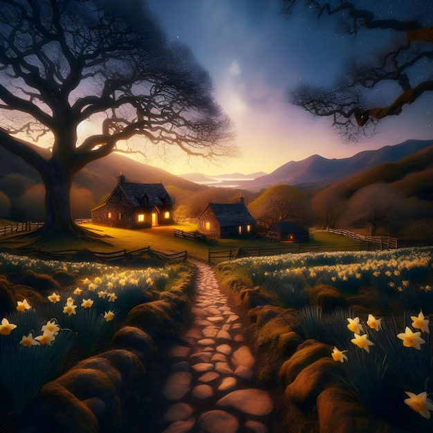 AI of the pathway through the beautiful daffodil farm to an old cottage