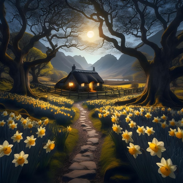 AI of the pathway through the beautiful daffodil farm to an old cottage