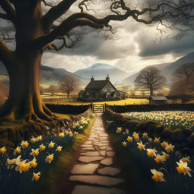 AI of the pathway through the beautiful daffodil farm to an old cottage