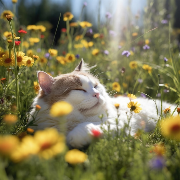 Ai photo of a cat in the flower garden