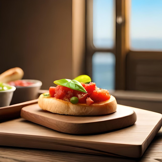 Ai photo illustration of a delicious bruschetta on a wooden board in a rustic kitchen with natural