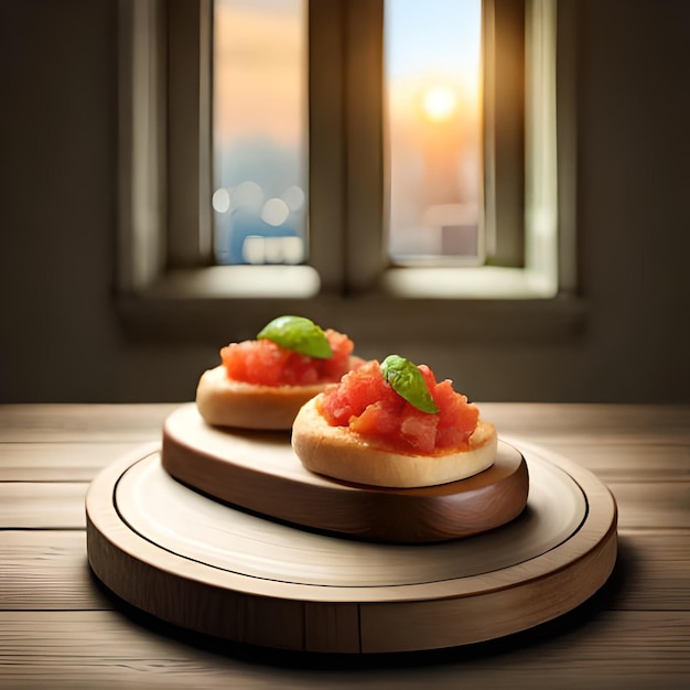 Ai photo illustration of a delicious bruschetta on a wooden board in a rustic kitchen with natural