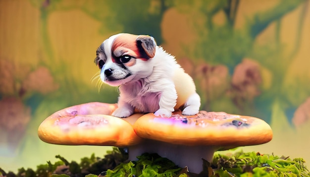 Ai picture puppy sitting on mushroom