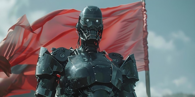 人工知能ロボット大統領 勝利の旗を振る 概念 人工知能 ロボット 未来技術 勝利の祝い 旗を振り