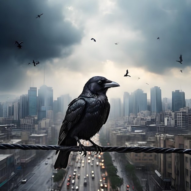 바쁜 거리 풍경에서 엄청난 높이에 은 전기 와이어에 서 있는 까마귀 새의 AI