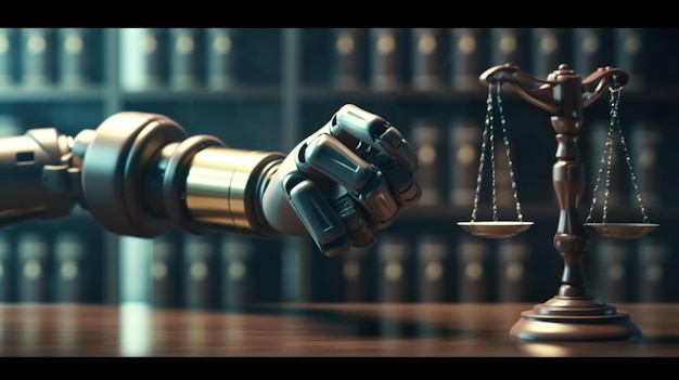 AI related law concept shown by robot hand using lawyer working tools in lawyers office