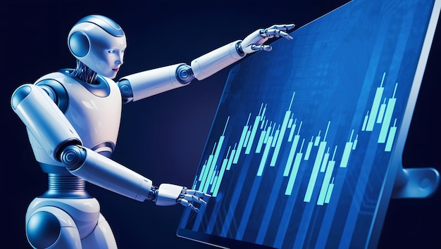 ai robot analyzing financial data on digital screen artificial intelligence in stock market trading