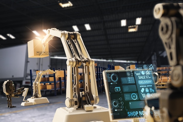 Ai robot arm object for manufacturing industry technology\
product export and import of future robot cyber in the warehouse by\
hand mechanical future technology