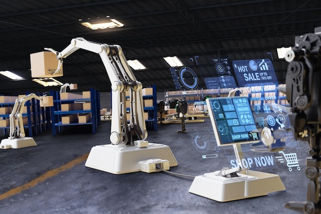 Ai robot arm object for manufacturing industry technology\
product export and import of future robot cyber in the warehouse by\
hand mechanical future technology