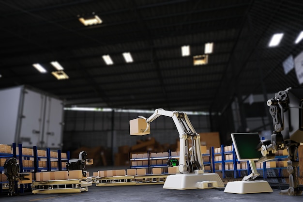 Ai robot arm object for manufacturing industry technology\
product export and import of future robot cyber in the warehouse by\
hand mechanical future technology