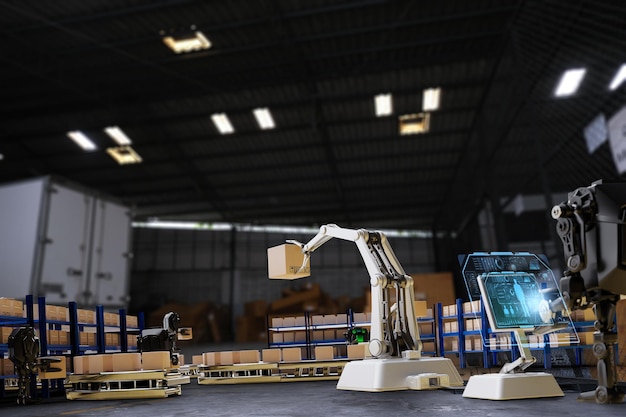 Ai robot arm object for manufacturing industry technology\
product export and import of future robot cyber in the warehouse by\
hand mechanical future technology