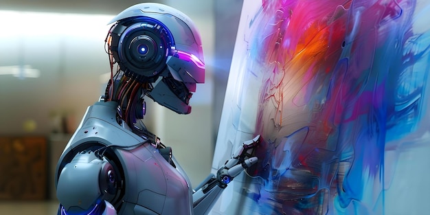 Photo ai robot assisting artists by generating prompts and creating artwork autonomously concept artificial intelligence robot assistance prompt generation autonomously creating artwork