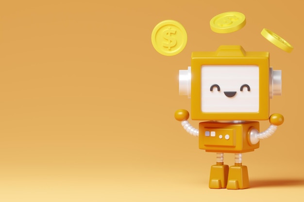 AI robot and coins orange background 3d render