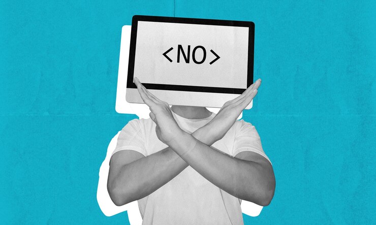 Photo ai robot crossing arms up saying no on the screen