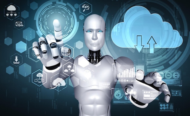 AI-robot die cloud computing-technologie gebruikt om gegevens op online server op te slaan. Futuristisch concept van cloudinformatieopslag geanalyseerd door machine learning-proces. 3D-rendering illustratie.