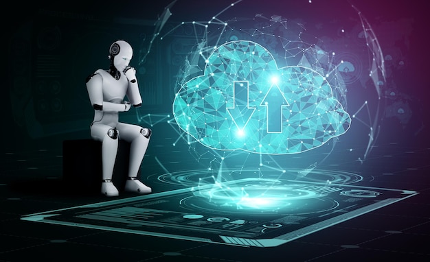 Ai-robot die cloud computing-technologie gebruikt om gegevens op online server op te slaan. futuristisch concept van cloudinformatieopslag geanalyseerd door machine learning-proces. 3d-rendering illustratie.