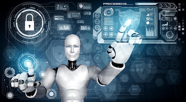 AI-robot die cyberbeveiliging gebruikt om de privacy van informatie te beschermen. Futuristisch concept van preventie van cybercriminaliteit door kunstmatige intelligentie en machinaal leerproces. 3D-rendering illustratie.