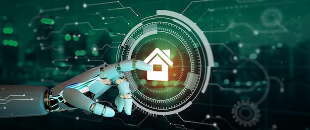 Ai Robot hand aanraken cirkelvormige futuristische digitale interface van smart home automation besturingssysteem