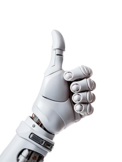 Ai robot hand with a thumb up emoji white background