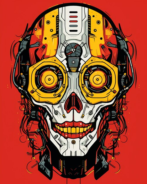 AI robot head black red and yellow image design for tshirt mug case