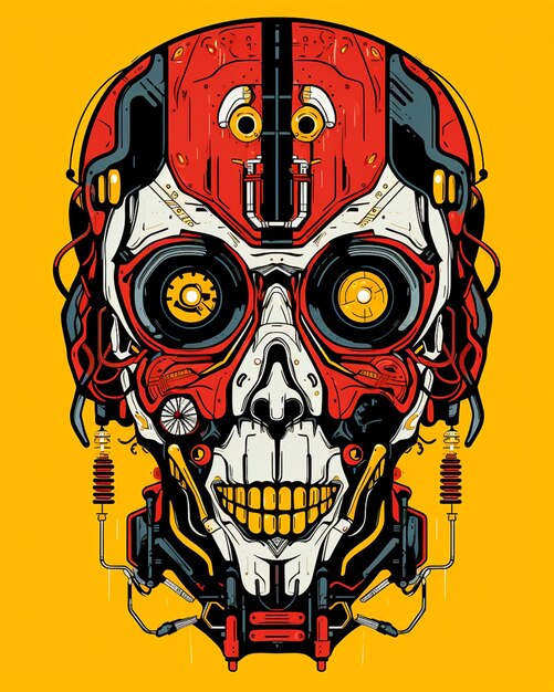 AI robot head black red and yellow image design for tshirt mug case