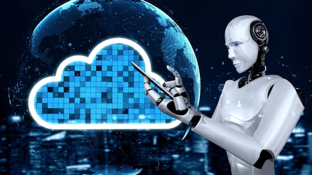 Ai robot huminoid uses cloud computing technology to store data\
on online server