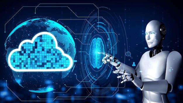 Foto l'uminoide robotico ai utilizza la tecnologia del cloud computing per archiviare i dati su un server online