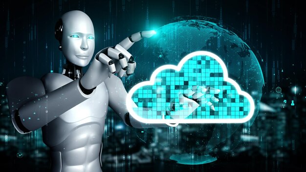 Ai robot huminoid uses cloud computing technology to store data\
on online server