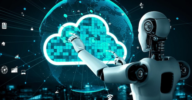 AI robot huminoid uses cloud computing technology to store data on online server