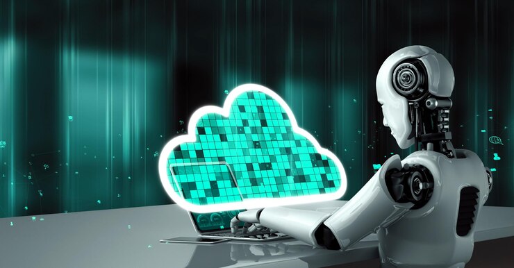 Photo ai robot huminoid uses cloud computing technology to store data on online server