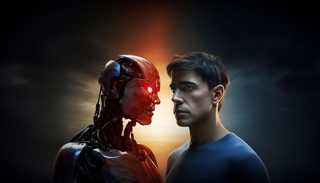 Photo ai robot and man movie poster style