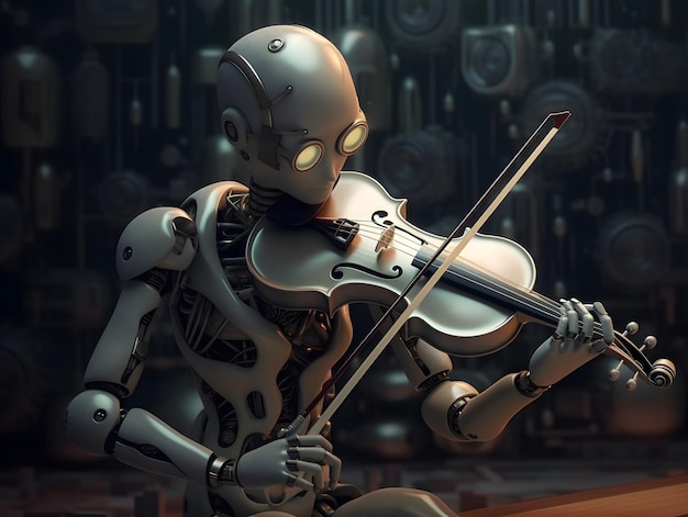 ヴァイオリンを演奏するAIロボットミュージシャン 舞台上の未来的なエンターテインメント AIが生成した