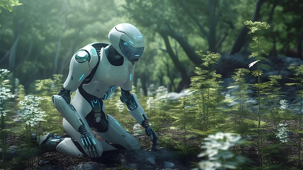 Premium AI Image | AI robot planting a tree ecology technology humanoid go green Generative AI