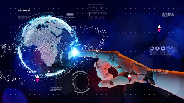 AI 로봇 프로세스 자동화 RPA 보안 클라우드 디지털 기술 미래 배경 글로벌 온라인 네트워크의 3D 로봇 가상 통신 IoT VPN 사이버 보안 보안 플랫폼 프로그래밍