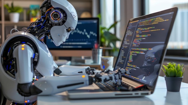 ai robot programming at laptop in modern office futuristic humanoid robot using computer for coding conceptual image of artificial intelligence technology development automation ai