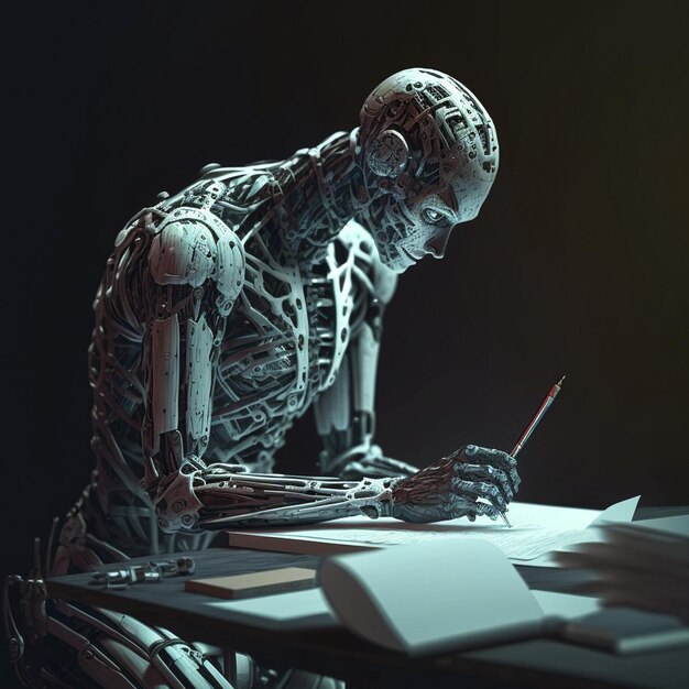 AI robot sits at a table with a pencil and writes a job a creative idea Artificial intelligence and thinking concept Chat AI android taking exam