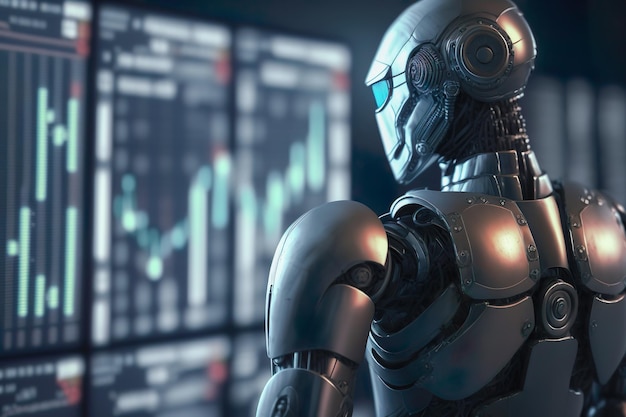 Робот с искусственным интеллектом, стоящий с растущим банком фондового рынка Generative Ai