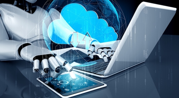 Robot ai che utilizza la tecnologia di cloud computing per archiviare i dati sul server online