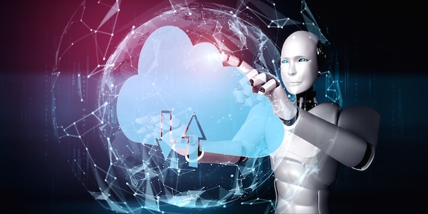 Robot ai che utilizza la tecnologia di cloud computing per archiviare i dati sul server online