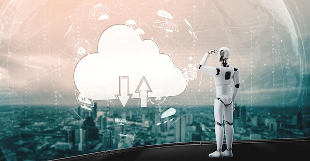 Robot ai che utilizza la tecnologia di cloud computing per archiviare i dati sul server online