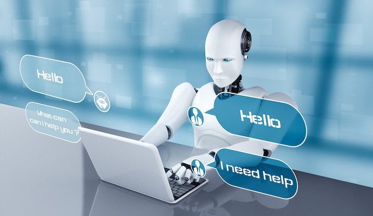 Photo ai robot using computer to chat with customer. concept of chat bot
